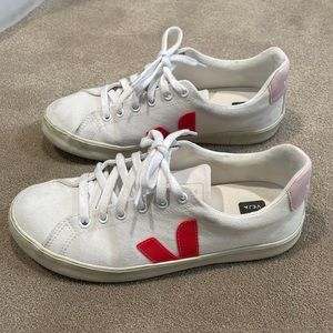 Veja White Sneakers with Red Logo and Pink Heel Tab